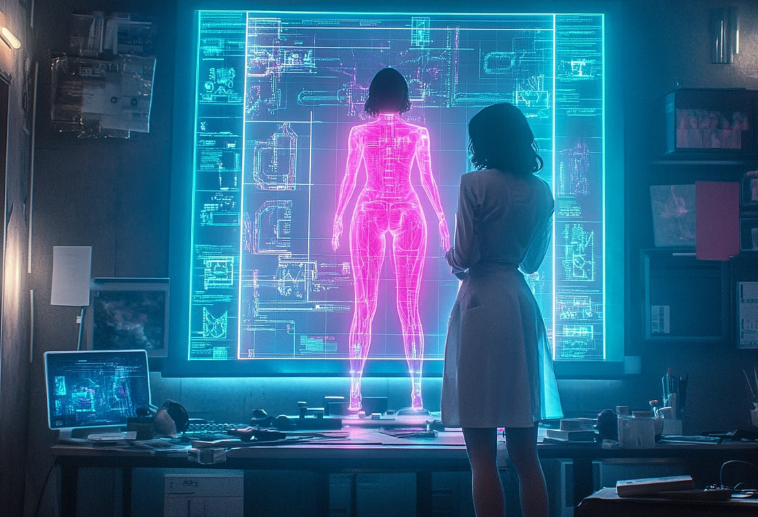 A girl designing a female body at futuristic screen