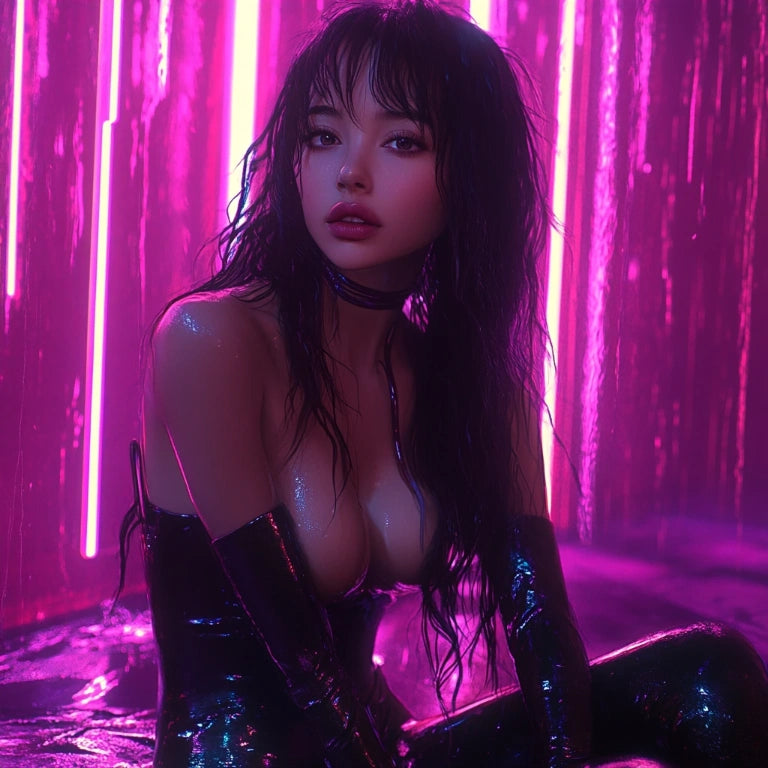 asian beautiful girl sitting in neon lights