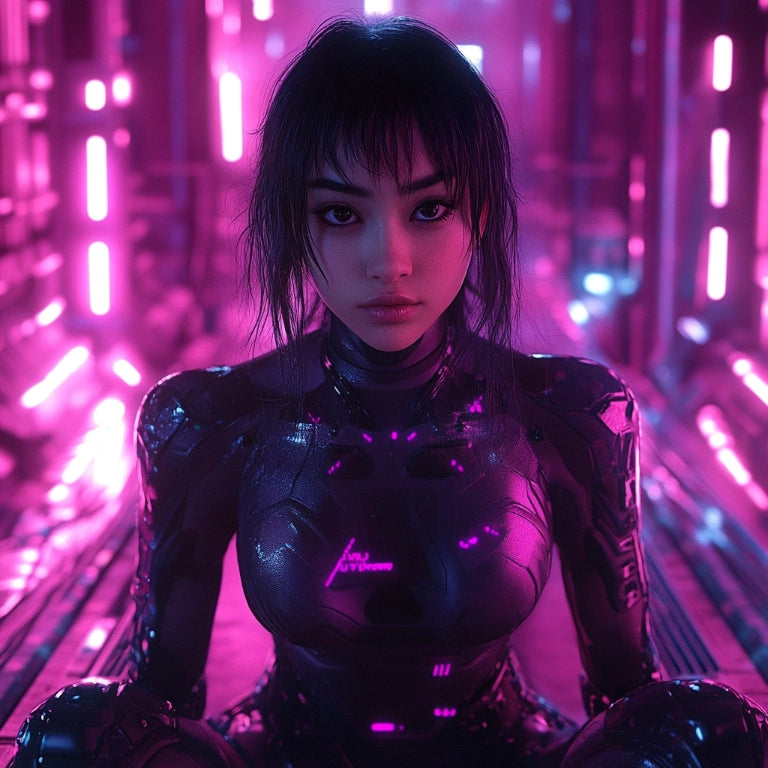 girl in a futuristic suits sitting in neon lights