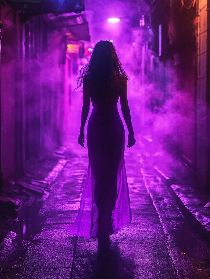 girl walking in a dark street with violet smoke