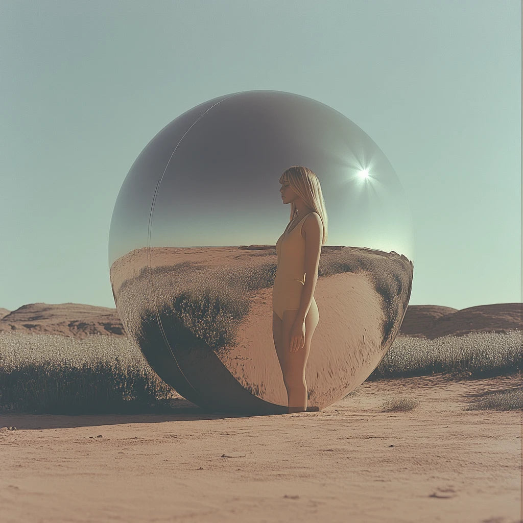 girl in yellow reflected in a sphere