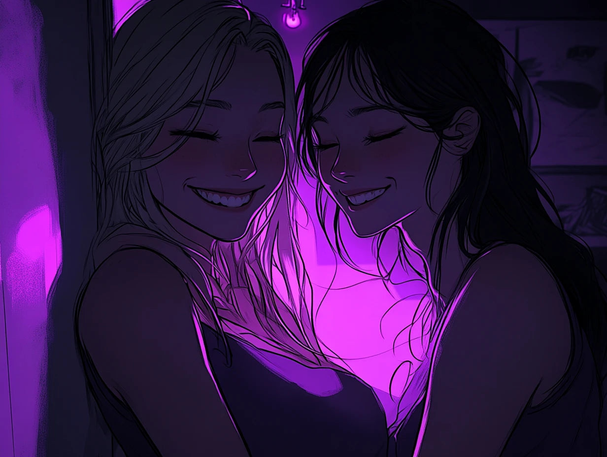 two girls smiling eachothers in the dark