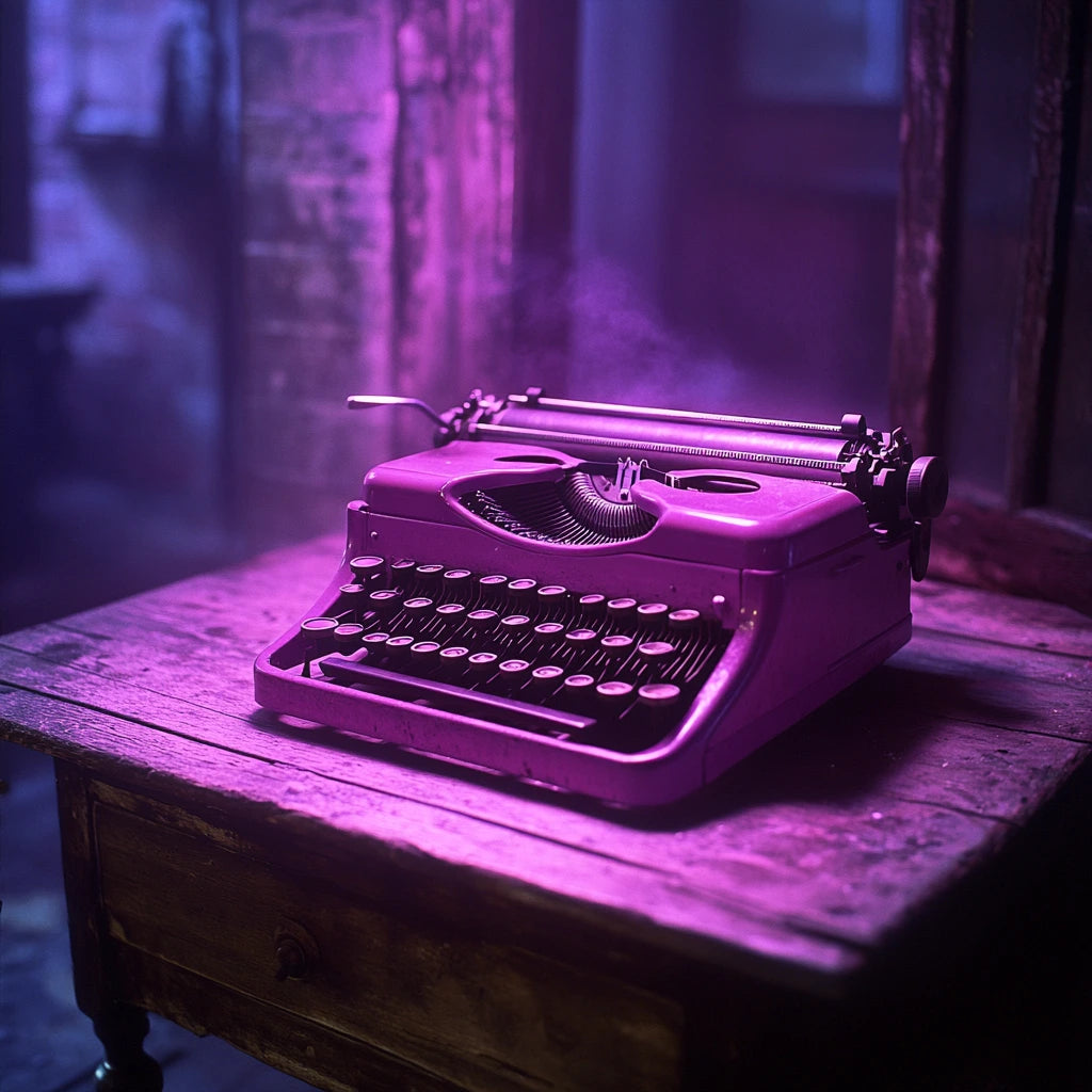 a typewriter in a old desk in violet lights