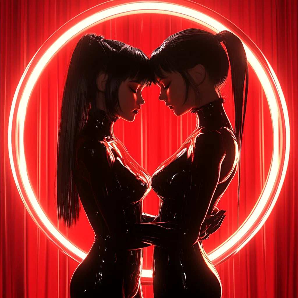 2 girls shaped touching in a red light